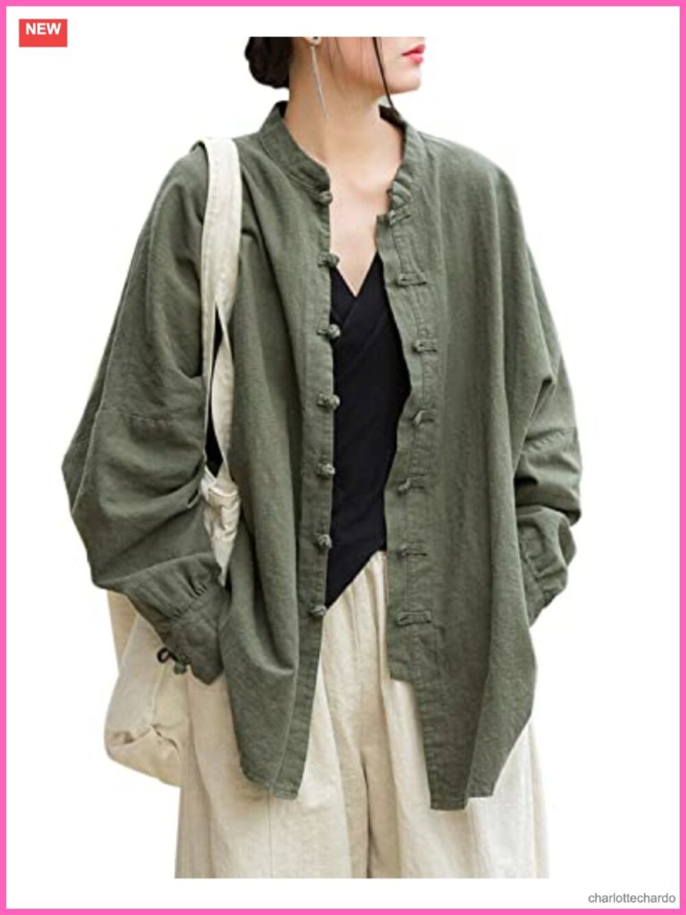 Linen Cotton Oversized Bat Sleeve Frog Button Shirt Jacket Tunic